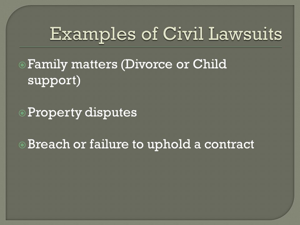  Family matters (Divorce or Child support)  Property disputes  Breach or failure to uphold a contract