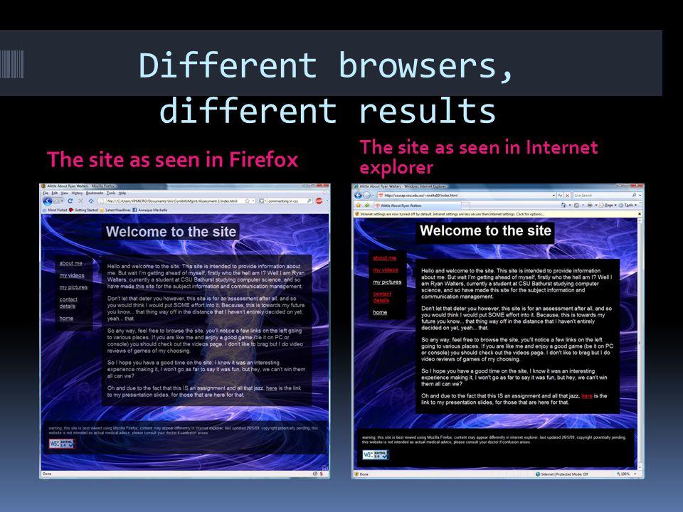 Different browsers, different results The site as seen in Firefox The site as seen in Internet explorer