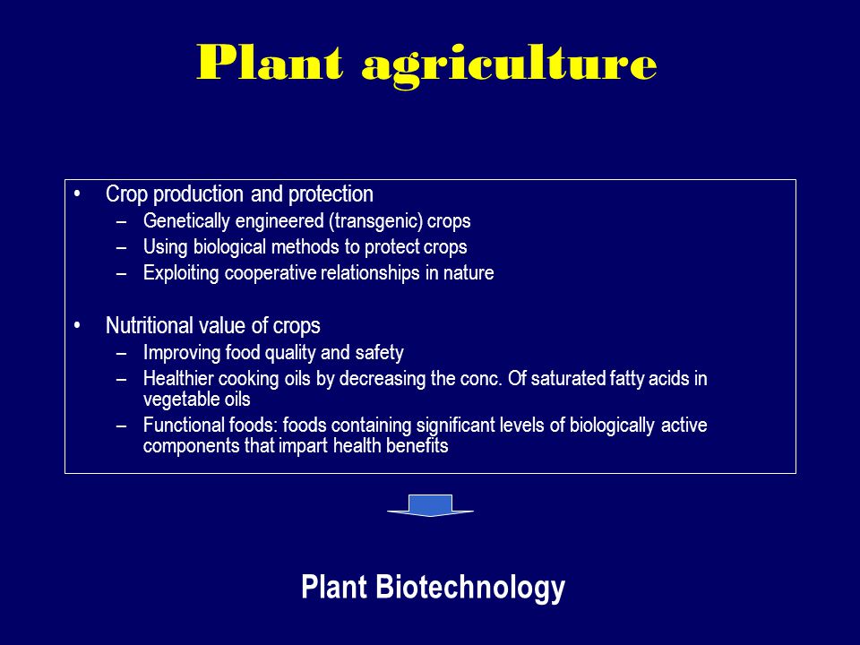 Plant agriculture Crop production and protection –Genetically engineered (transgenic) crops –Using biological methods to protect crops –Exploiting cooperative relationships in nature Nutritional value of crops –Improving food quality and safety –Healthier cooking oils by decreasing the conc.