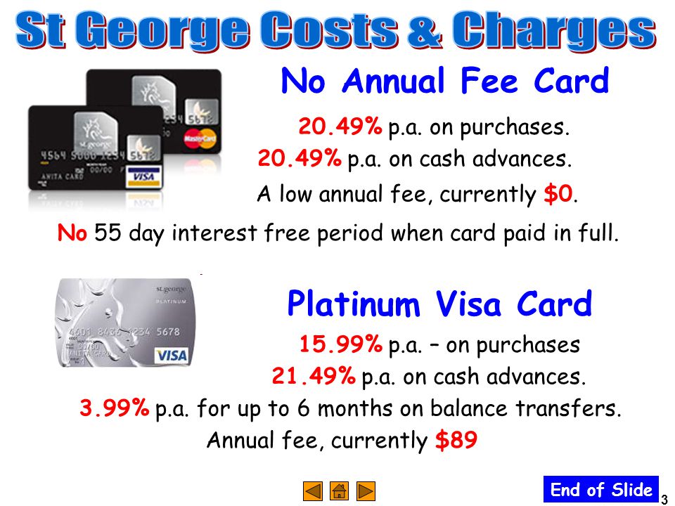 3 A low annual fee, currently $0. No Annual Fee Card Platinum Visa Card 15.99% p.a.
