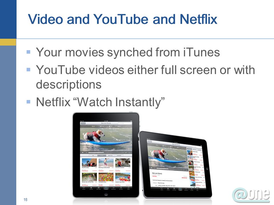  Your movies synched from iTunes  YouTube videos either full screen or with descriptions  Netflix Watch Instantly 18
