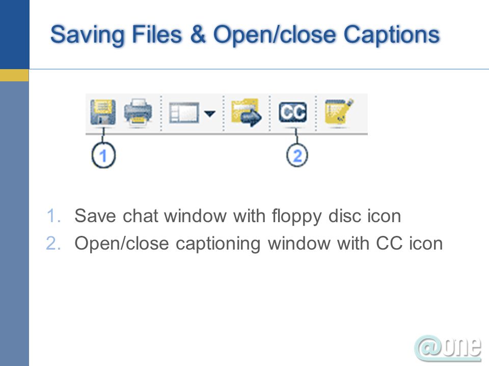 Saving Files & Open/close Captions 1.Save chat window with floppy disc icon 2.Open/close captioning window with CC icon