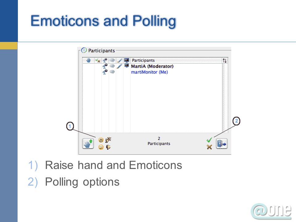 Emoticons and Polling 1)Raise hand and Emoticons 2)Polling options