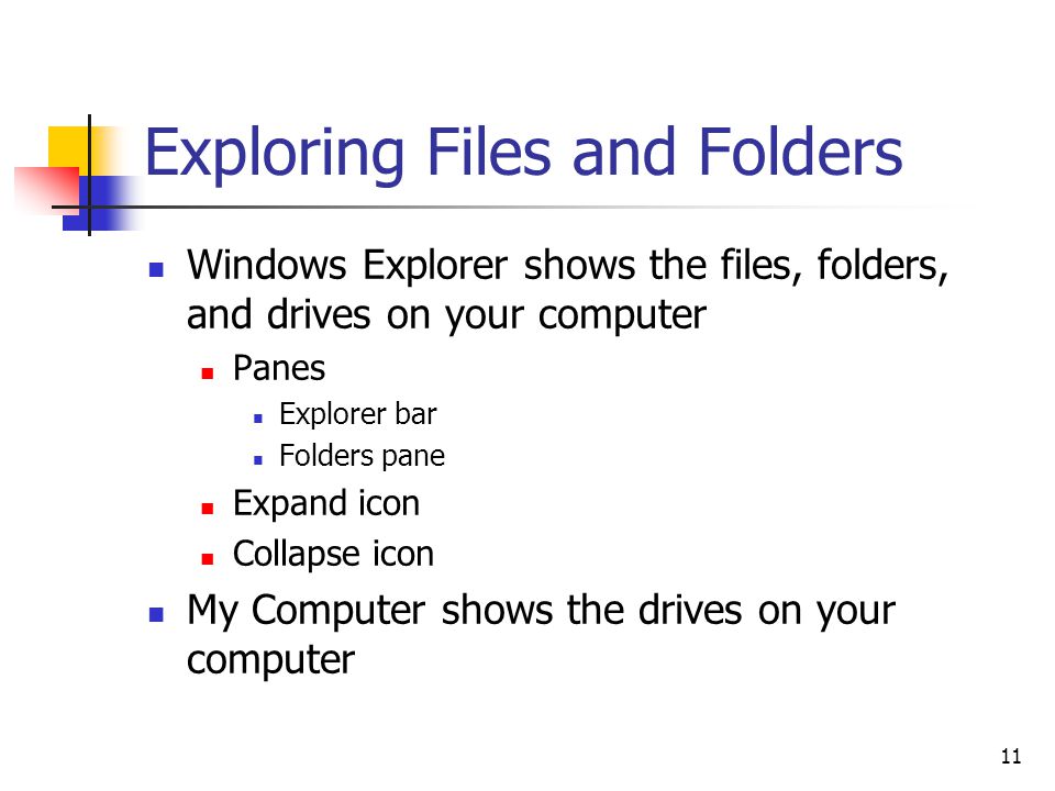 11 Exploring Files and Folders Windows Explorer shows the files, folders, and drives on your computer Panes Explorer bar Folders pane Expand icon Collapse icon My Computer shows the drives on your computer