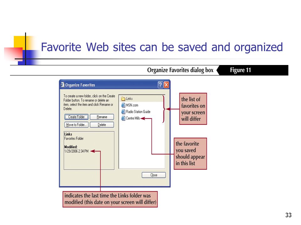 33 Favorite Web sites can be saved and organized