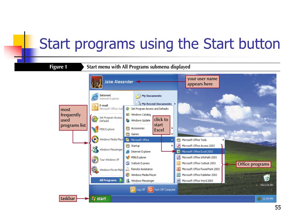 55 Start programs using the Start button
