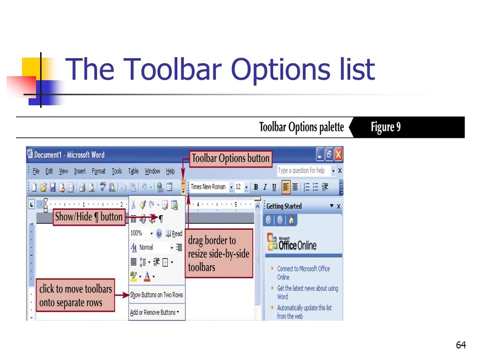 64 The Toolbar Options list