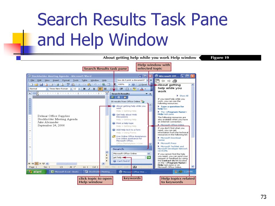 73 Search Results Task Pane and Help Window