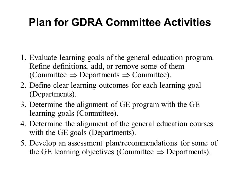 Plan for GDRA Committee Activities 1.Evaluate learning goals of the general education program.