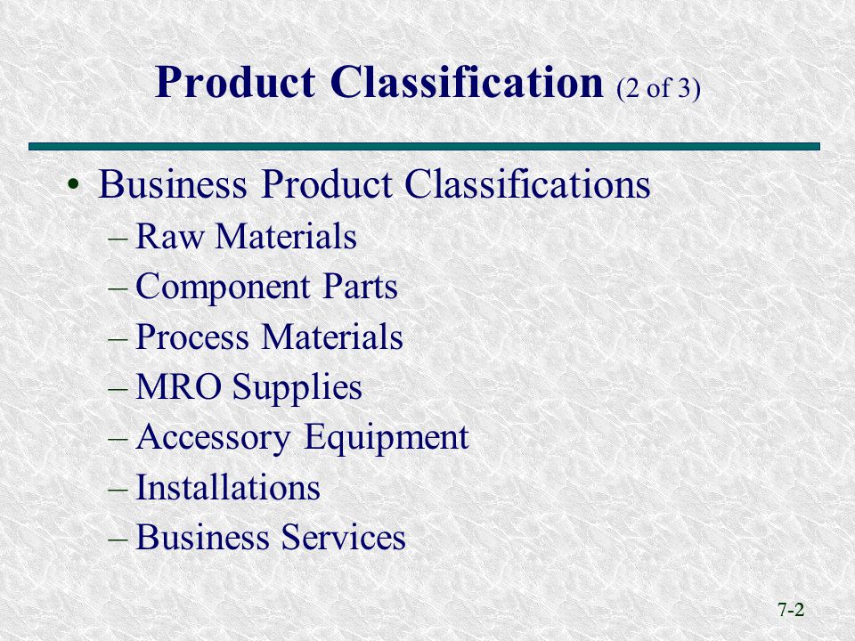 7-2 Product Classification (2 of 3) Business Product Classifications –Raw Materials –Component Parts –Process Materials –MRO Supplies –Accessory Equipment –Installations –Business Services