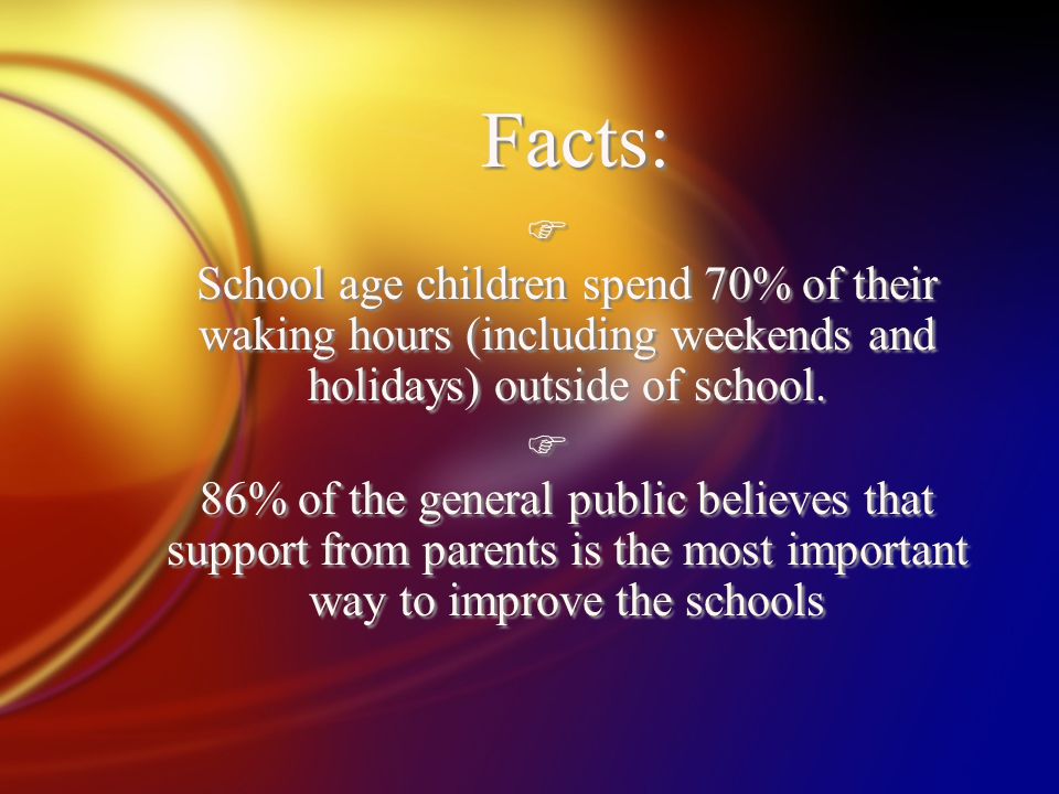 Facts: F School age children spend 70% of their waking hours (including weekends and holidays) outside of school.