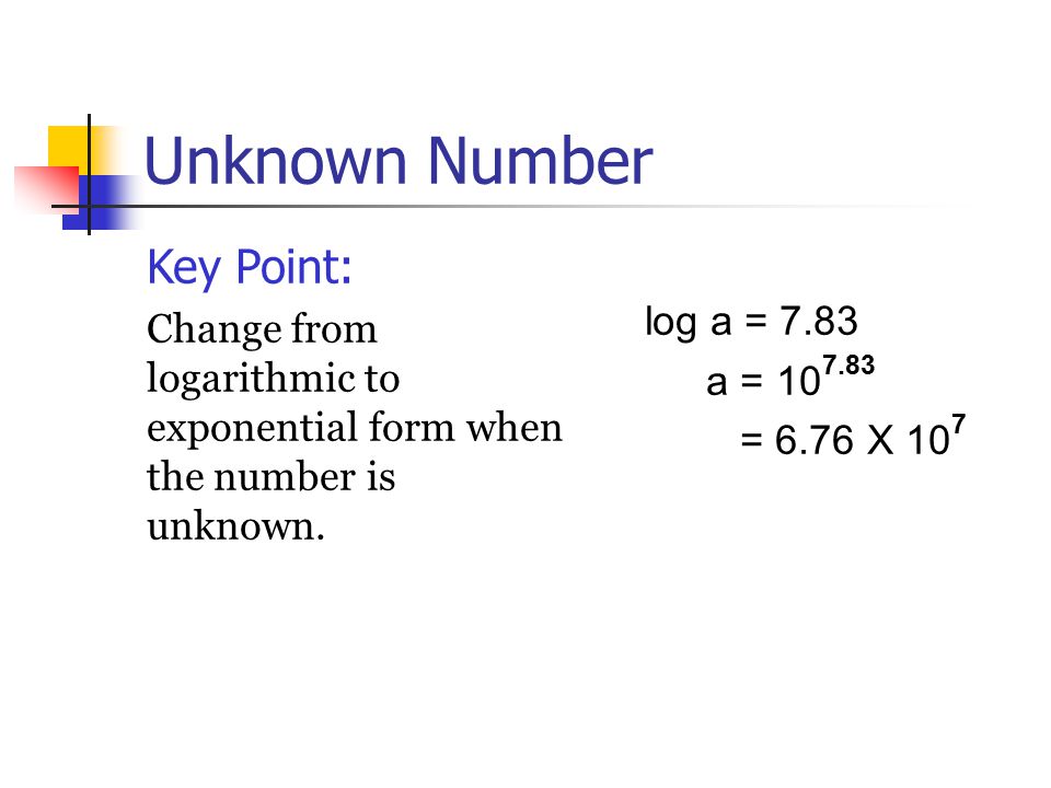 Unknown Number Key Point: Change from logarithmic to exponential form when the number is unknown.