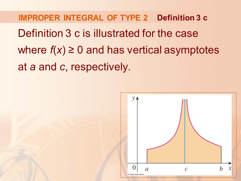 IMPROPER INTEGRAL OF TYPE 2 Definition 3 c is illustrated for the case where f(x) ≥ 0 and has vertical asymptotes at a and c, respectively.