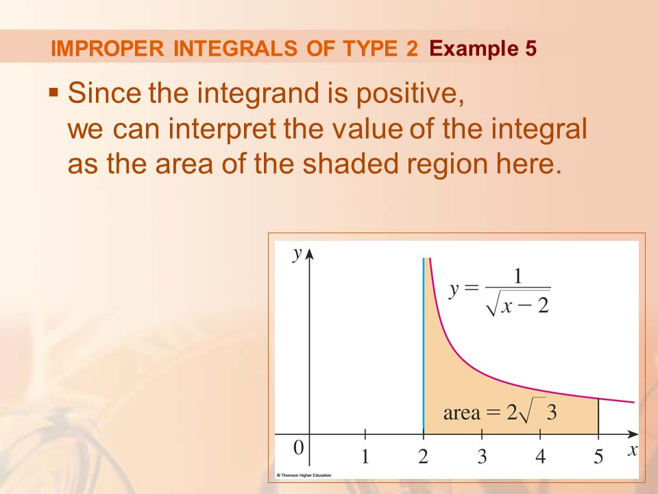 IMPROPER INTEGRALS OF TYPE 2  Since the integrand is positive, we can interpret the value of the integral as the area of the shaded region here.
