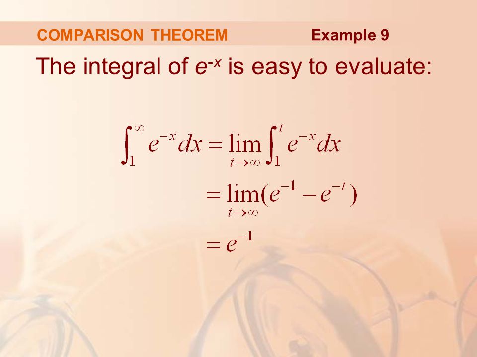 COMPARISON THEOREM The integral of e -x is easy to evaluate: Example 9