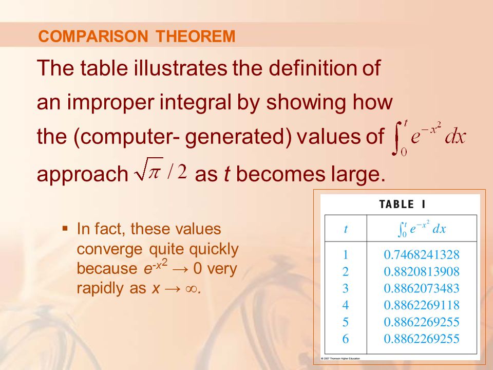 COMPARISON THEOREM The table illustrates the definition of an improper integral by showing how the (computer- generated) values of approach as t becomes large.