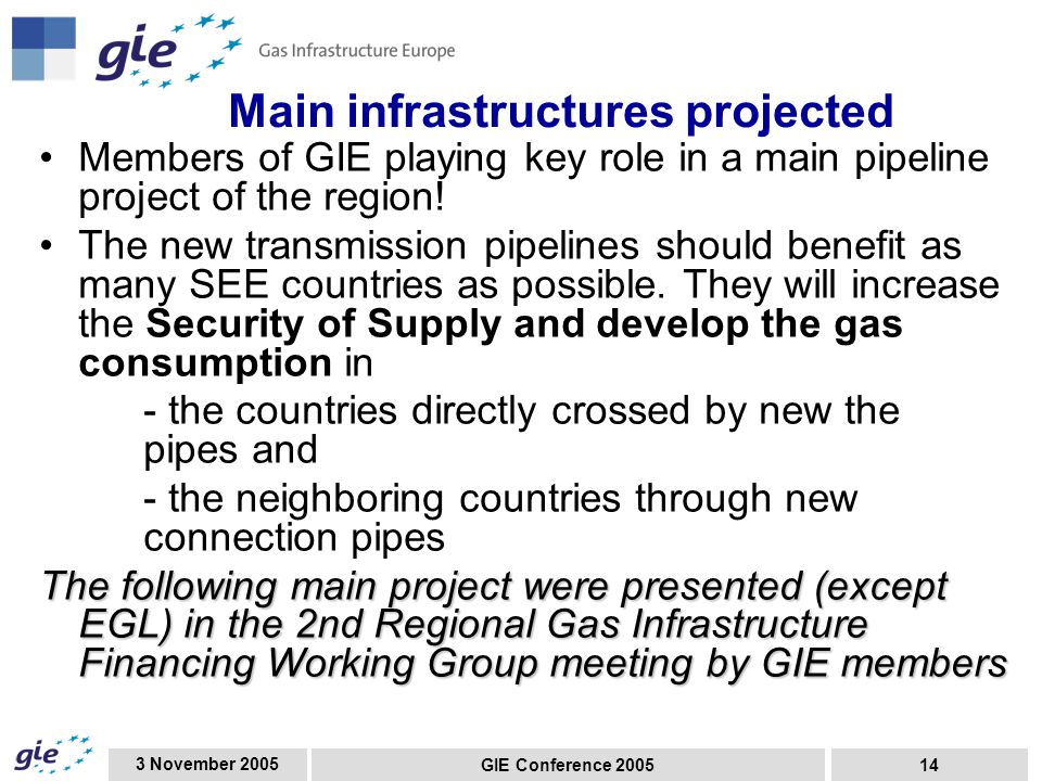 3 November 2005 GIE Conference Main infrastructures projected Members of GIE playing key role in a main pipeline project of the region.