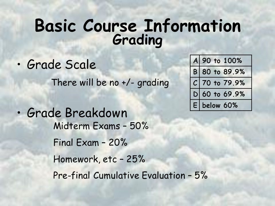 Basic Course Information Grade Scale Grade Breakdown Midterm Exams – 50% Final Exam – 20% Homework, etc – 25% Pre-final Cumulative Evaluation – 5% There will be no +/- grading A90 to 100% B80 to 89.9% C70 to 79.9% D60 to 69.9% Ebelow 60% Grading