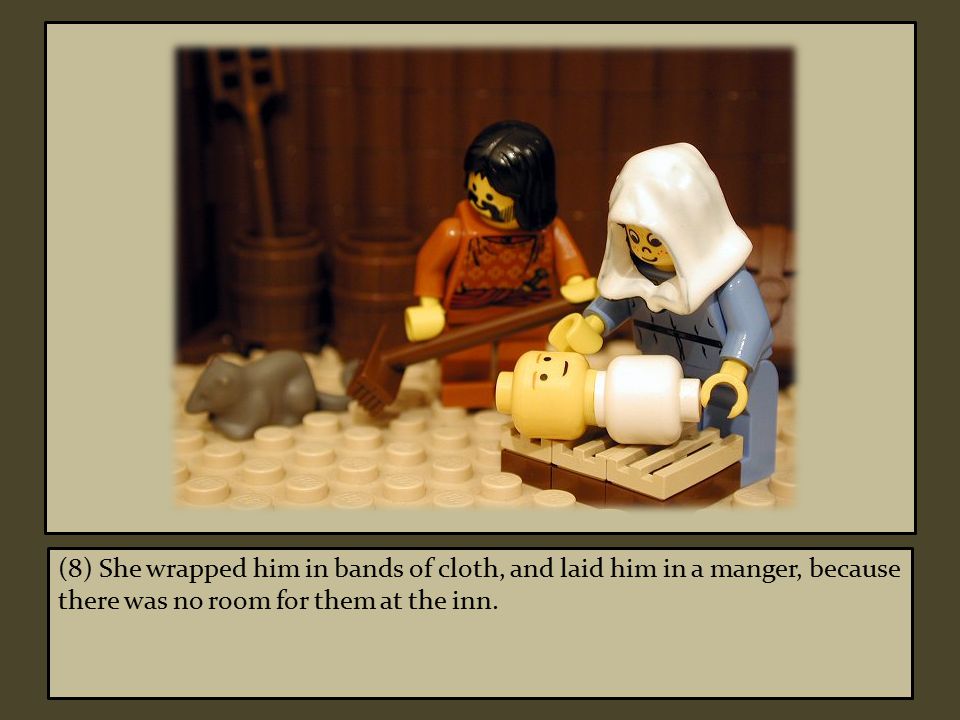 (8) She wrapped him in bands of cloth, and laid him in a manger, because there was no room for them at the inn.