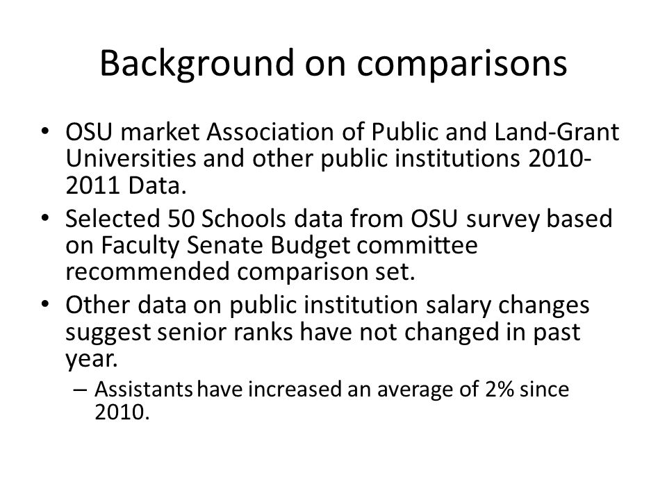 Background on comparisons OSU market Association of Public and Land-Grant Universities and other public institutions Data.