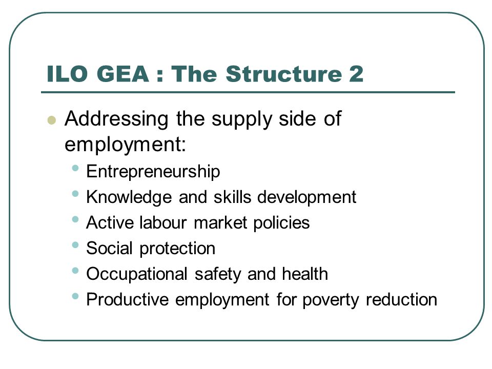 ILO GEA : The Structure 2 Addressing the supply side of employment: Entrepreneurship Knowledge and skills development Active labour market policies Social protection Occupational safety and health Productive employment for poverty reduction