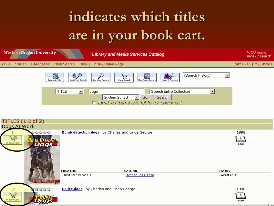 indicates which titles are in your book cart.