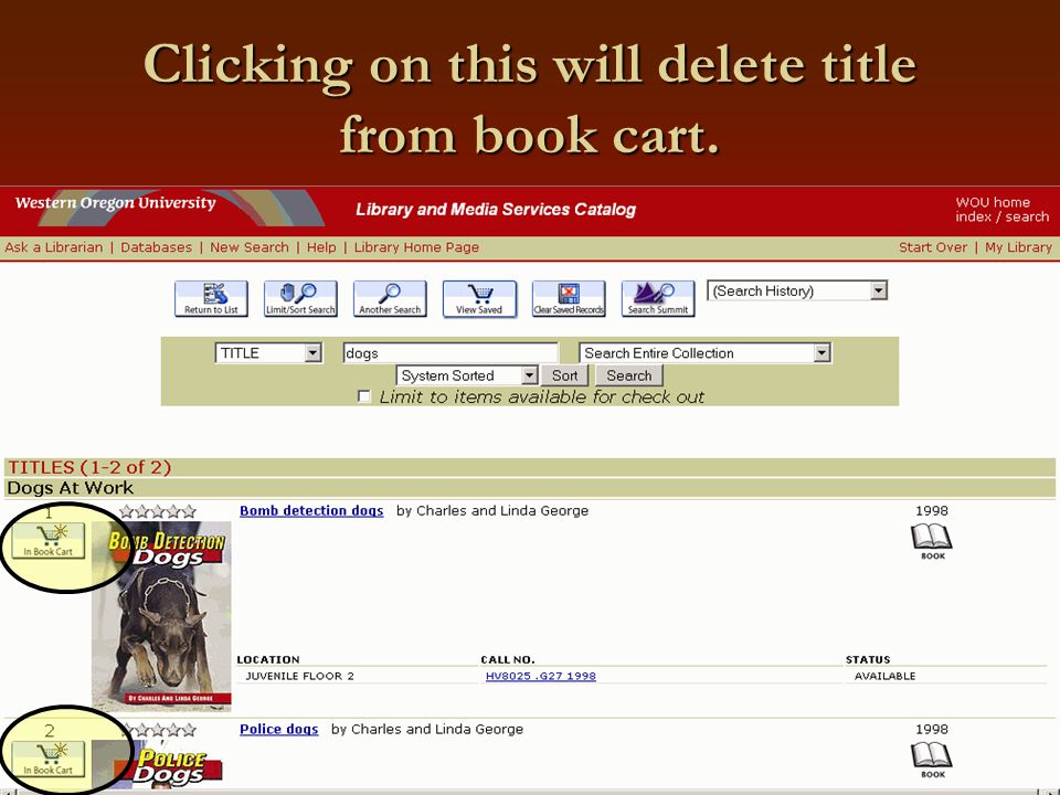 Clicking on this will delete title from book cart.