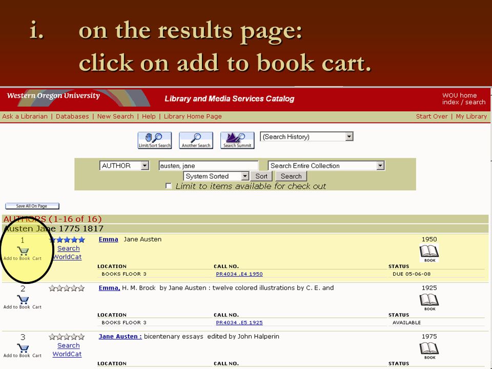i.on the results page: click on add to book cart.