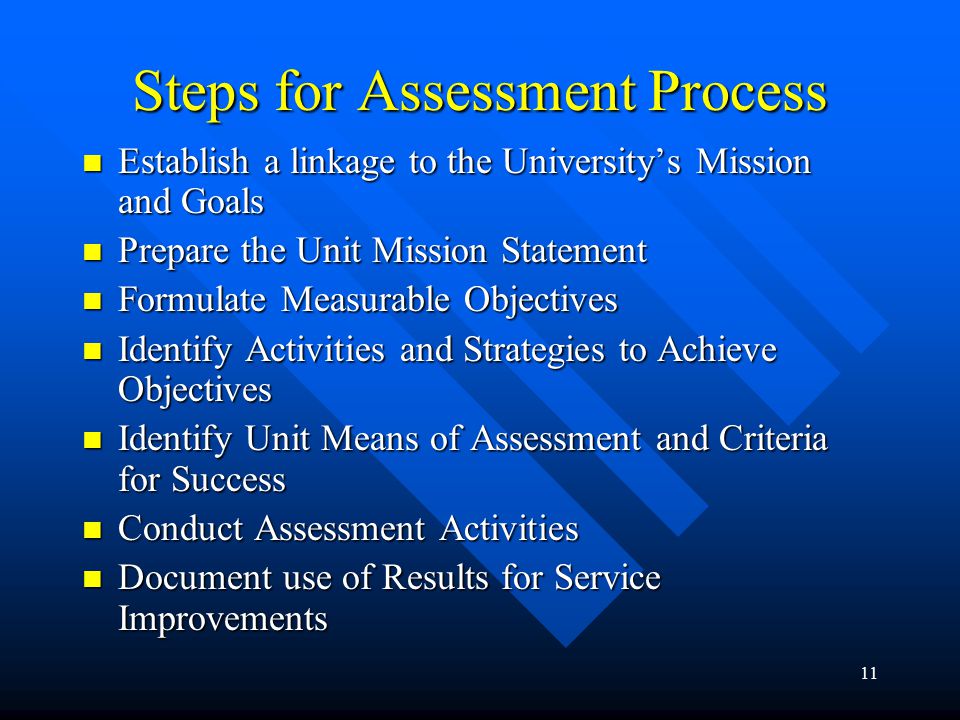 11 Steps for Assessment Process Establish a linkage to the University’s Mission and Goals Establish a linkage to the University’s Mission and Goals Prepare the Unit Mission Statement Prepare the Unit Mission Statement Formulate Measurable Objectives Formulate Measurable Objectives Identify Activities and Strategies to Achieve Objectives Identify Activities and Strategies to Achieve Objectives Identify Unit Means of Assessment and Criteria for Success Identify Unit Means of Assessment and Criteria for Success Conduct Assessment Activities Conduct Assessment Activities Document use of Results for Service Improvements Document use of Results for Service Improvements