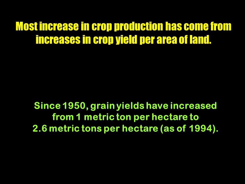 Most increase in crop production has come from increases in crop yield per area of land.