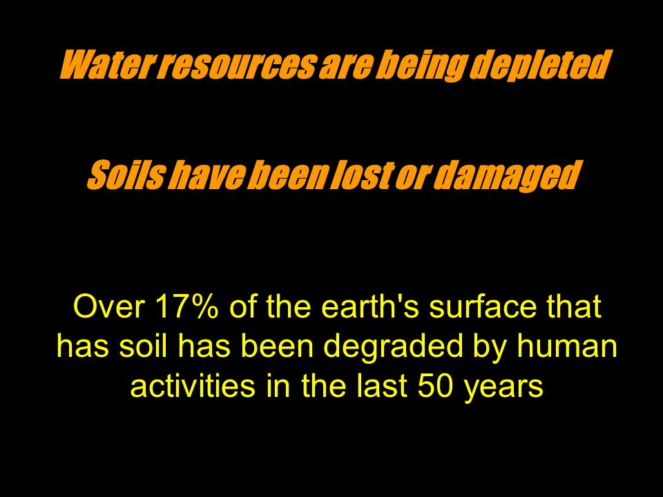 Over 17% of the earth s surface that has soil has been degraded by human activities in the last 50 years Soils have been lost or damaged Water resources are being depleted