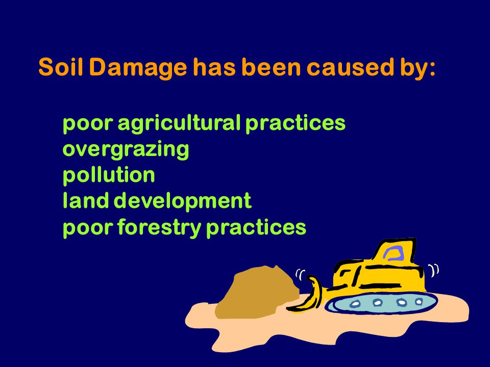 Soil Damage has been caused by: poor agricultural practices overgrazing pollution land development poor forestry practices
