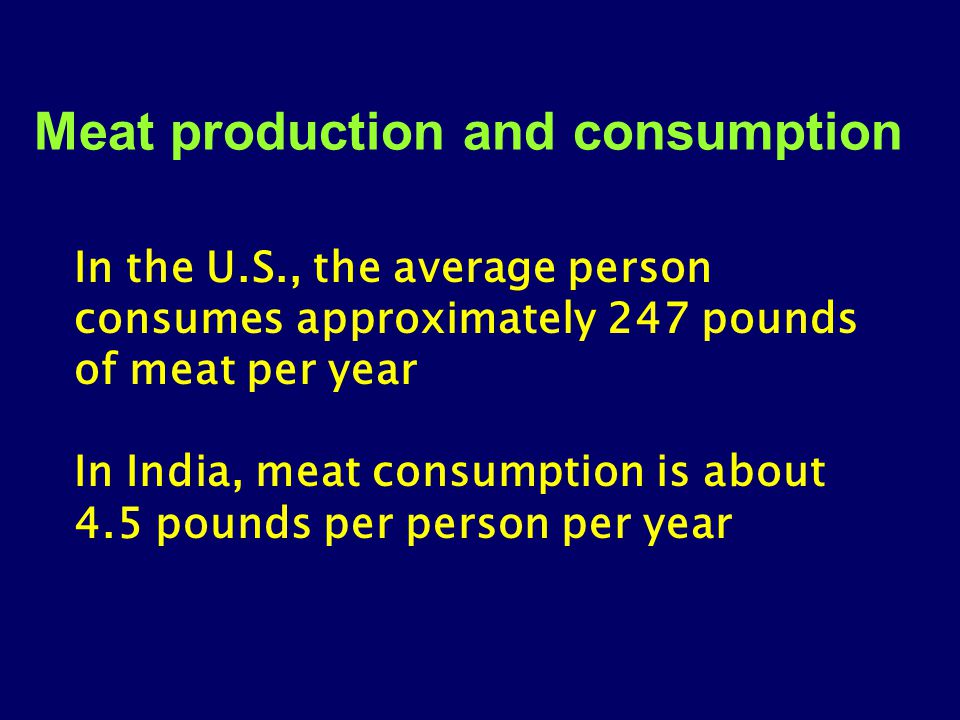 Meat production and consumption In the U.S., the average person consumes approximately 247 pounds of meat per year In India, meat consumption is about 4.5 pounds per person per year