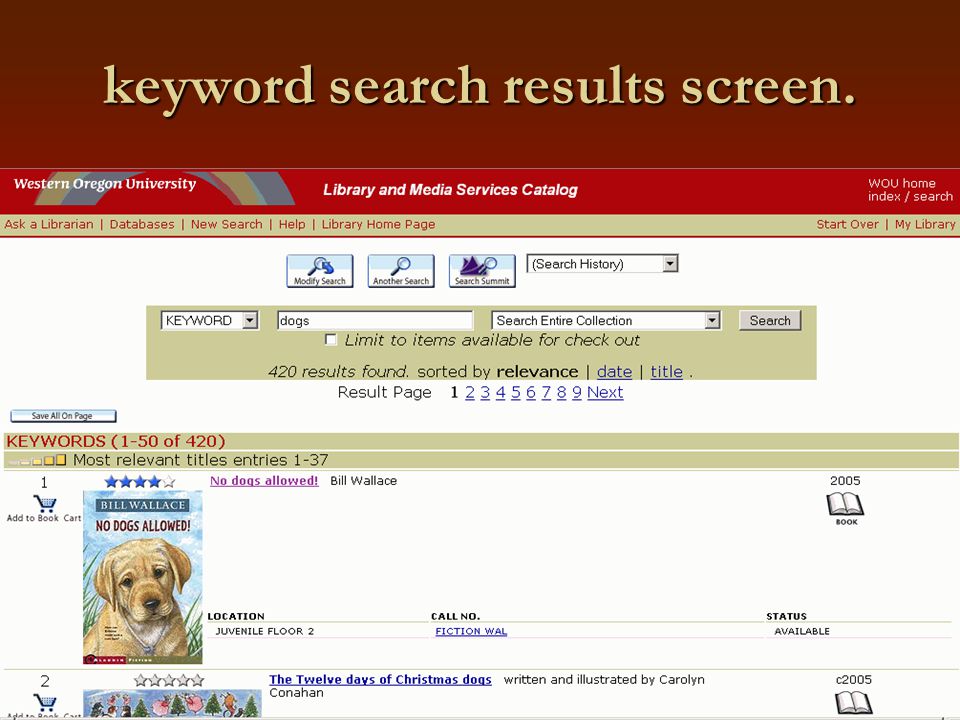 keyword search results screen.