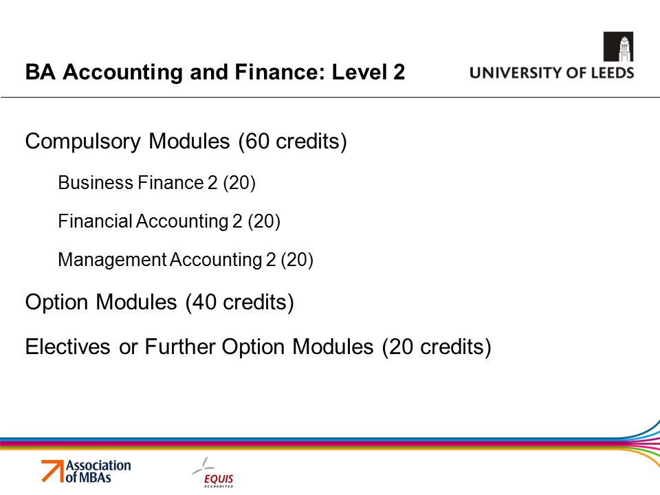 BA Accounting and Finance: Level 2 Compulsory Modules (60 credits) Business Finance 2 (20) Financial Accounting 2 (20) Management Accounting 2 (20) Option Modules (40 credits) Electives or Further Option Modules (20 credits)
