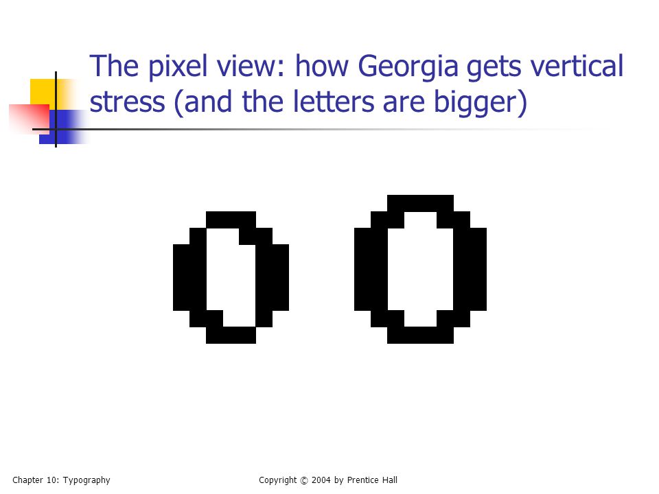 Chapter 10: TypographyCopyright © 2004 by Prentice Hall The pixel view: how Georgia gets vertical stress (and the letters are bigger)