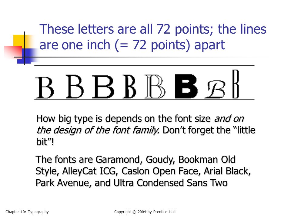 Chapter 10: TypographyCopyright © 2004 by Prentice Hall These letters are all 72 points; the lines are one inch (= 72 points) apart How big type is depends on the font size and on the design of the font family.