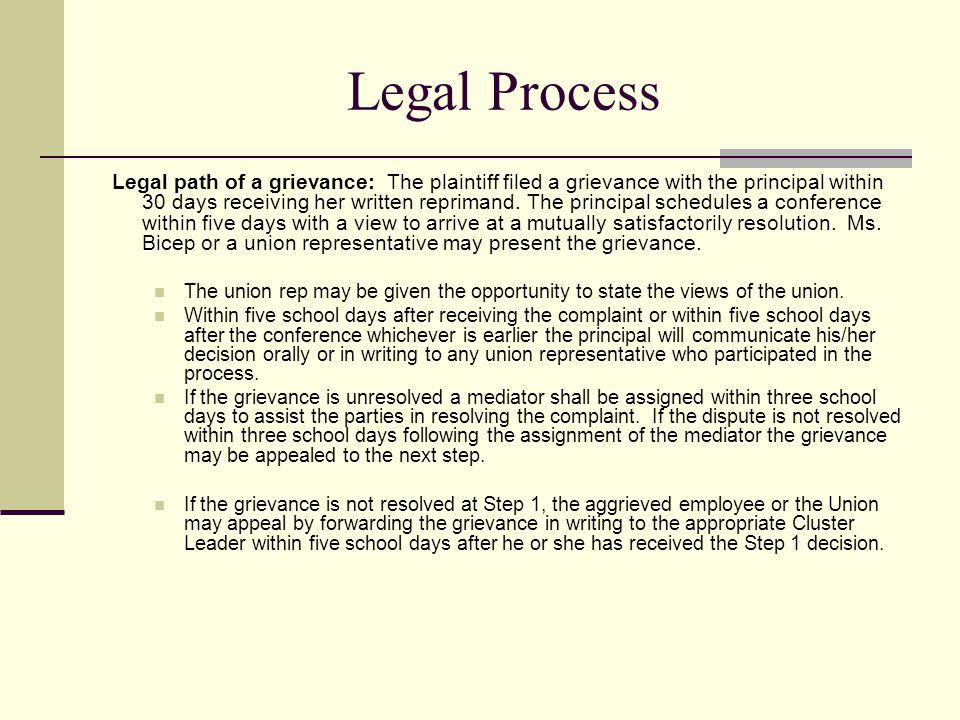 Legal Process Legal path of a grievance: The plaintiff filed a grievance with the principal within 30 days receiving her written reprimand.