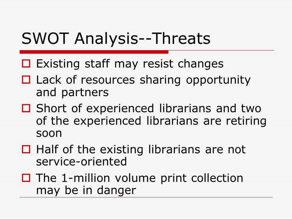 SWOT Analysis--Threats  Existing staff may resist changes  Lack of resources sharing opportunity and partners  Short of experienced librarians and two of the experienced librarians are retiring soon  Half of the existing librarians are not service-oriented  The 1-million volume print collection may be in danger