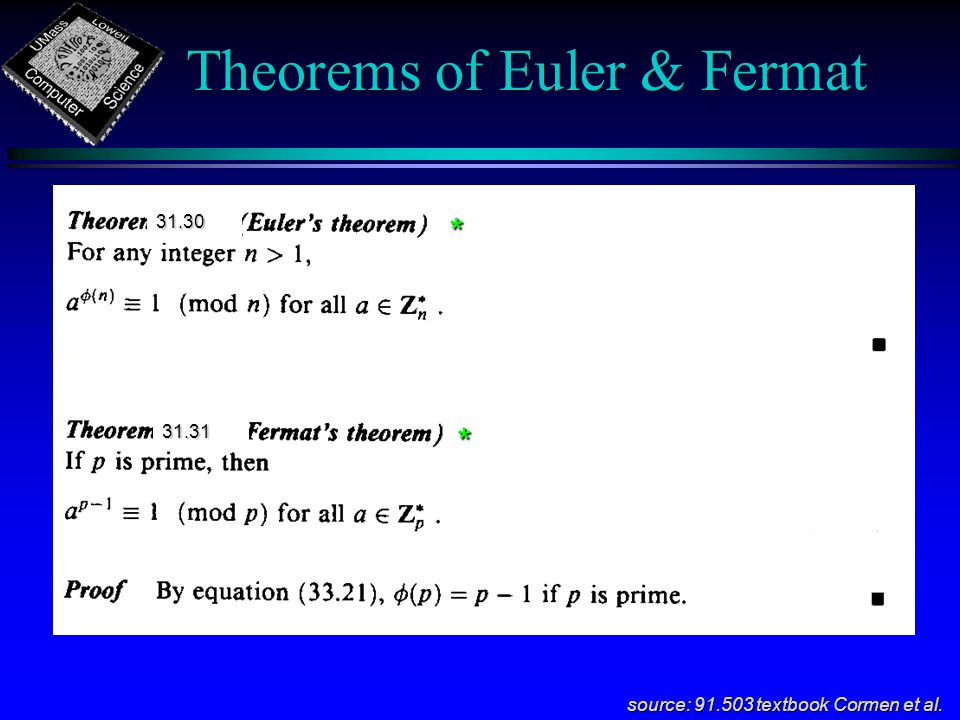 Theorems of Euler & Fermat source: textbook Cormen et al * *