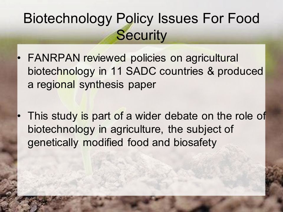 Biotechnology Policy Issues For Food Security FANRPAN reviewed policies on agricultural biotechnology in 11 SADC countries & produced a regional synthesis paper This study is part of a wider debate on the role of biotechnology in agriculture, the subject of genetically modified food and biosafety