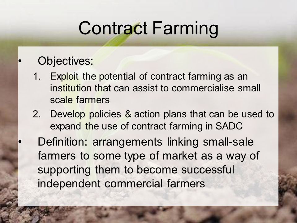 Contract Farming Objectives: 1.Exploit the potential of contract farming as an institution that can assist to commercialise small scale farmers 2.Develop policies & action plans that can be used to expand the use of contract farming in SADC Definition: arrangements linking small-sale farmers to some type of market as a way of supporting them to become successful independent commercial farmers