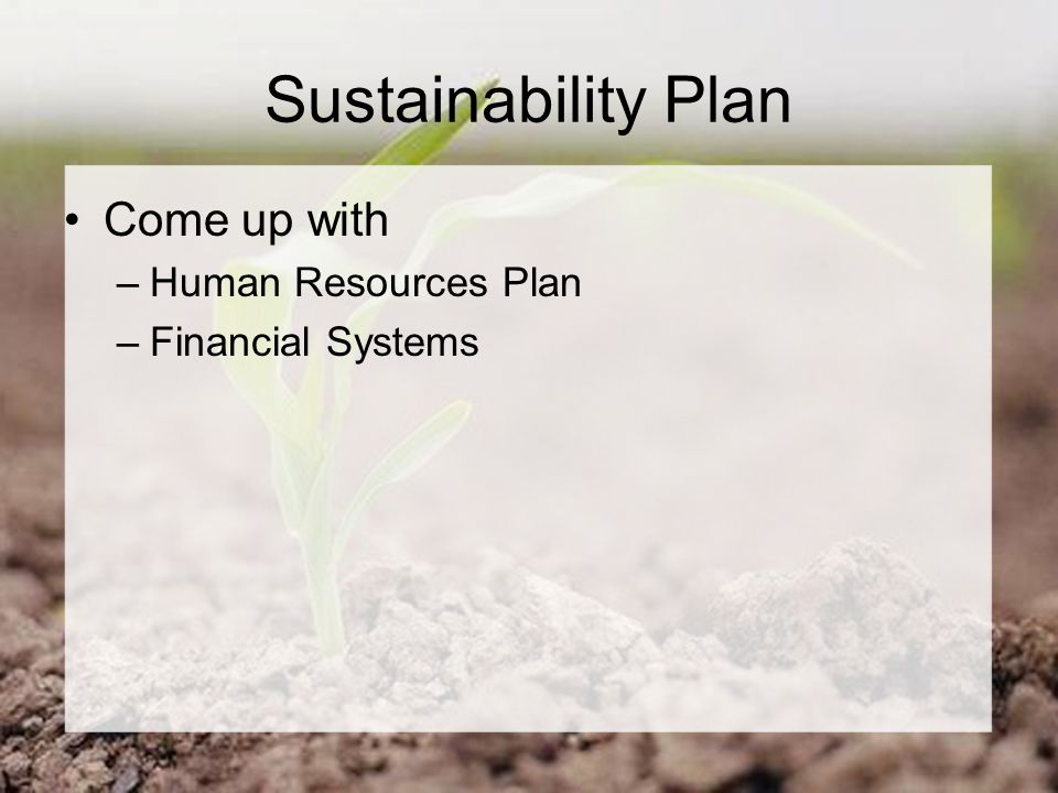 Sustainability Plan Come up with –Human Resources Plan –Financial Systems