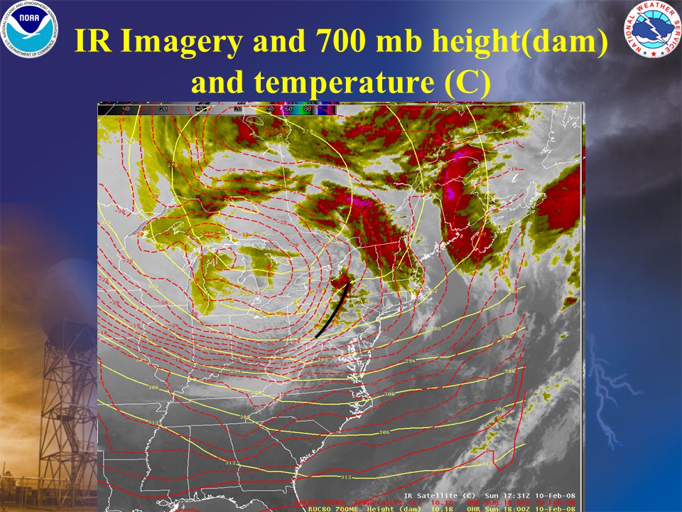 IR Imagery and 700 mb height(dam) and temperature (C)