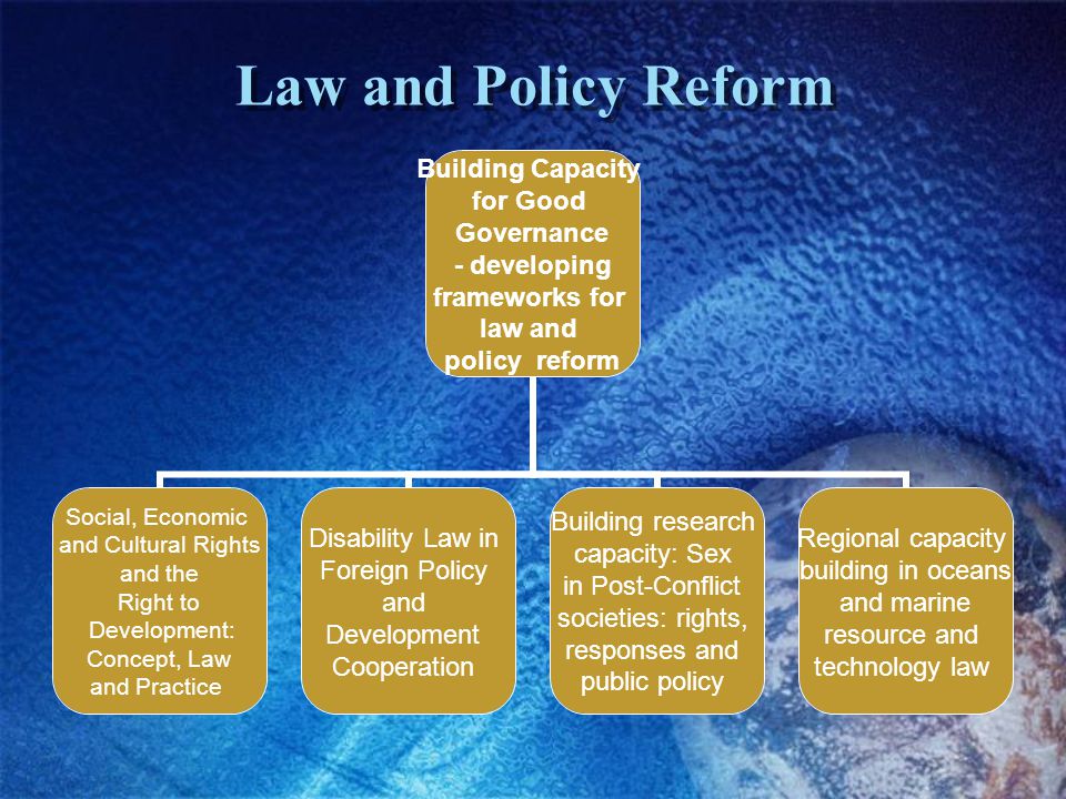 Law and Policy Reform Building Capacity for Good Governance - developing frameworks for law and policy reform Social, Economic and Cultural Rights and the Right to Development: Concept, Law and Practice Disability Law in Foreign Policy and Development Cooperation Building research capacity: Sex in Post-Conflict societies: rights, responses and public policy Regional capacity building in oceans and marine resource and technology law