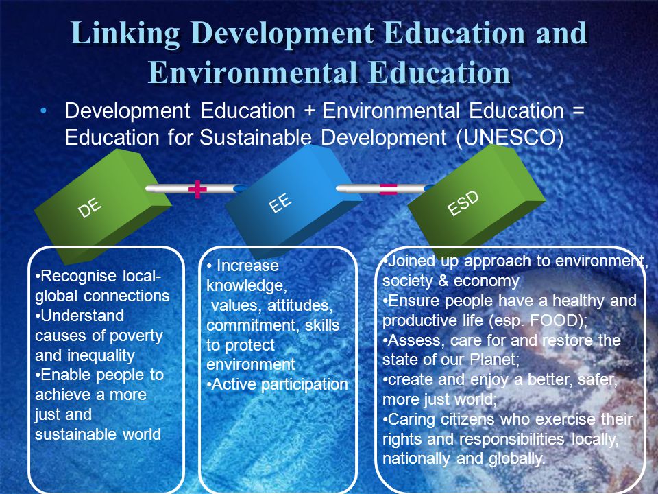 Linking Development Education and Environmental Education Development Education + Environmental Education = Education for Sustainable Development (UNESCO) DE + EE = ESD Increase knowledge, values, attitudes, commitment, skills to protect environment Active participation Recognise local- global connections Understand causes of poverty and inequality Enable people to achieve a more just and sustainable world Joined up approach to environment, society & economy Ensure people have a healthy and productive life (esp.