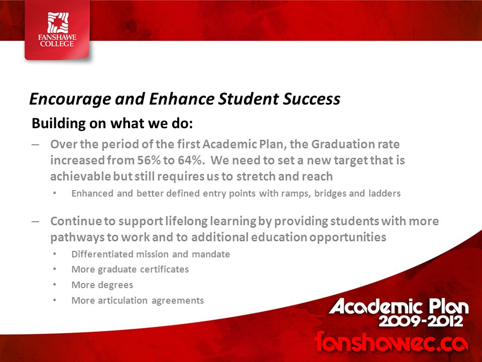 Encourage and Enhance Student Success Building on what we do: – Over the period of the first Academic Plan, the Graduation rate increased from 56% to 64%.