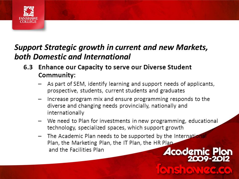 Support Strategic growth in current and new Markets, both Domestic and International 6.3Enhance our Capacity to serve our Diverse Student Community: – As part of SEM, identify learning and support needs of applicants, prospective, students, current students and graduates – Increase program mix and ensure programming responds to the diverse and changing needs provincially, nationally and internationally – We need to Plan for investments in new programming, educational technology, specialized spaces, which support growth – The Academic Plan needs to be supported by the International Plan, the Marketing Plan, the IT Plan, the HR Plan and the Facilities Plan
