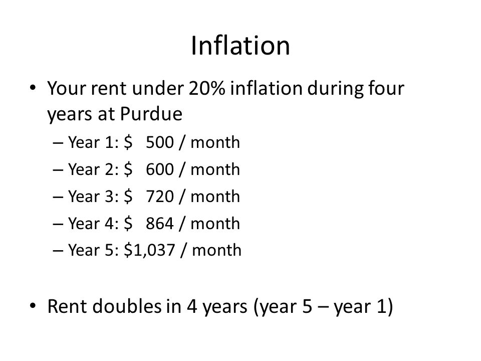 Inflation Your rent under 20% inflation during four years at Purdue – Year 1: $ 500 / month – Year 2: $ 600 / month – Year 3: $ 720 / month – Year 4: $ 864 / month – Year 5: $1,037 / month Rent doubles in 4 years (year 5 – year 1)