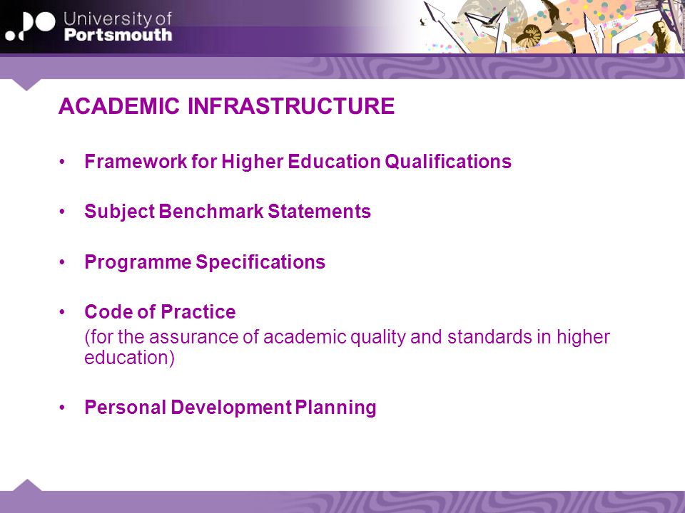 ACADEMIC INFRASTRUCTURE Framework for Higher Education Qualifications Subject Benchmark Statements Programme Specifications Code of Practice (for the assurance of academic quality and standards in higher education) Personal Development Planning